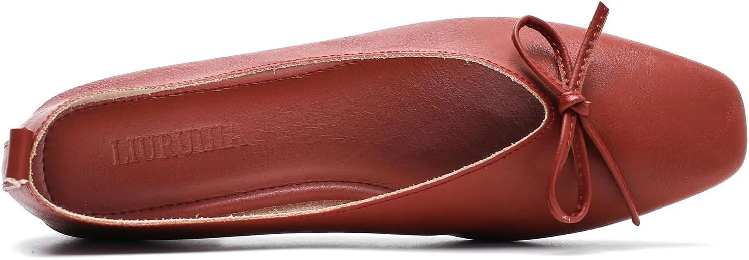 LIURUIJIA Women's Slip On Bowknot Ballet Flats Square Toe Lightweight Casual Dressy Comfortable Work Low Heels Retro Dress Shoes