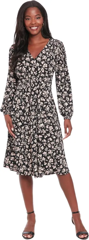 London Times Women's Floral Print V-Neck Midi 3/4 Bell Sleeves-Versatile Empire Waist Cocktail Wedding Guest Dresses