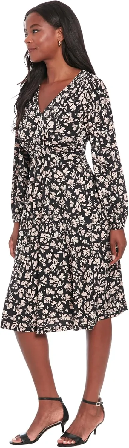 London Times Women's Floral Print V-Neck Midi 3/4 Bell Sleeves-Versatile Empire Waist Cocktail Wedding Guest Dresses
