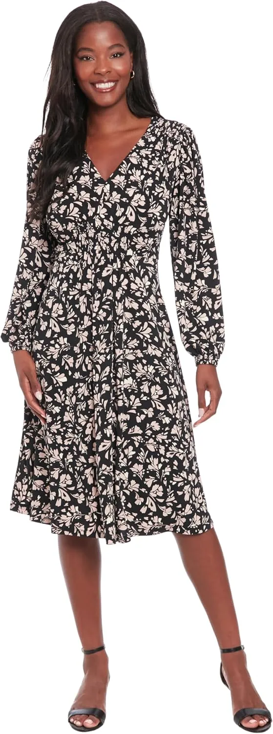 London Times Women's Floral Print V-Neck Midi 3/4 Bell Sleeves-Versatile Empire Waist Cocktail Wedding Guest Dresses