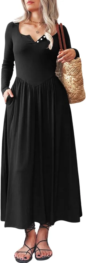 Long Sleeves Maxi Dress for Women A Line 2024 V Neck Casual Button Boho Tshirt Long Dress with Pockets