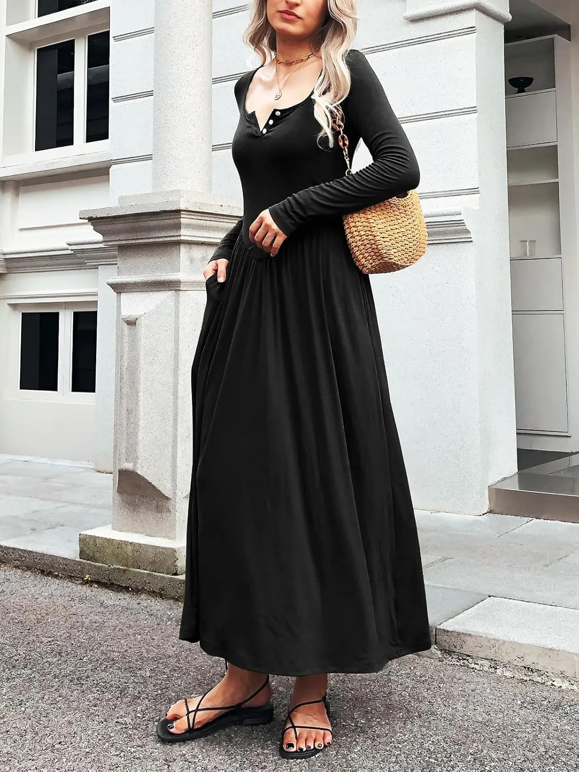 Long Sleeves Maxi Dress for Women A Line 2024 V Neck Casual Button Boho Tshirt Long Dress with Pockets