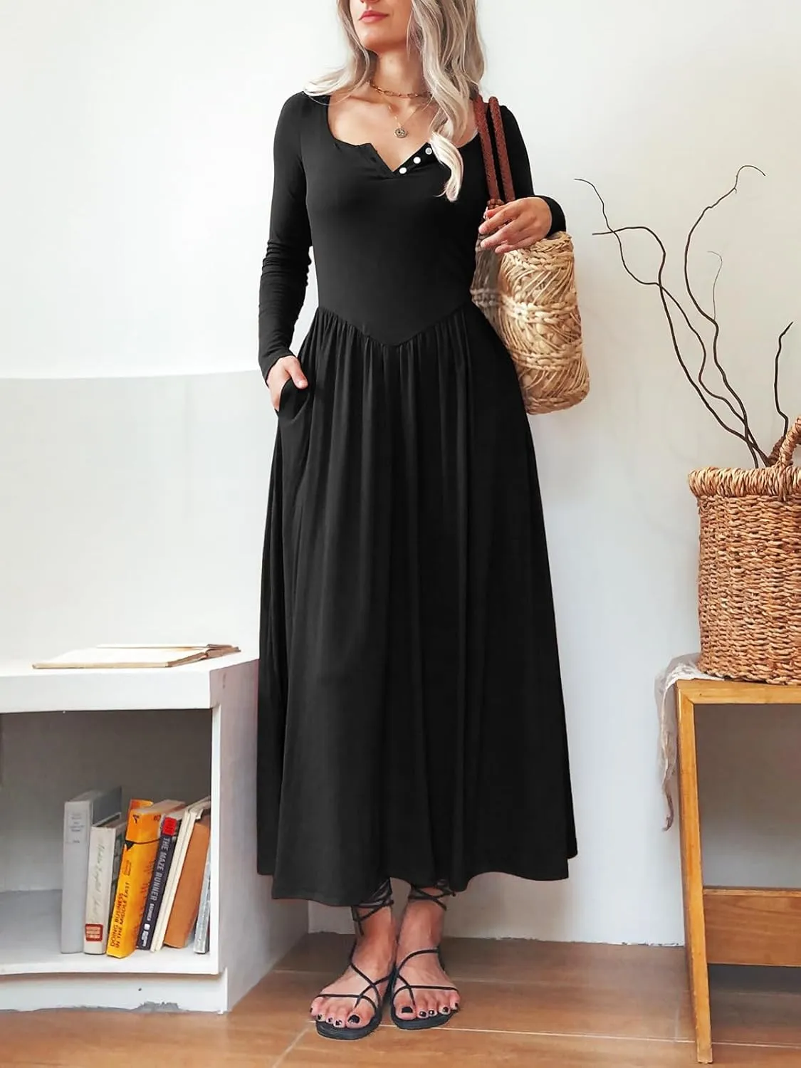 Long Sleeves Maxi Dress for Women A Line 2024 V Neck Casual Button Boho Tshirt Long Dress with Pockets