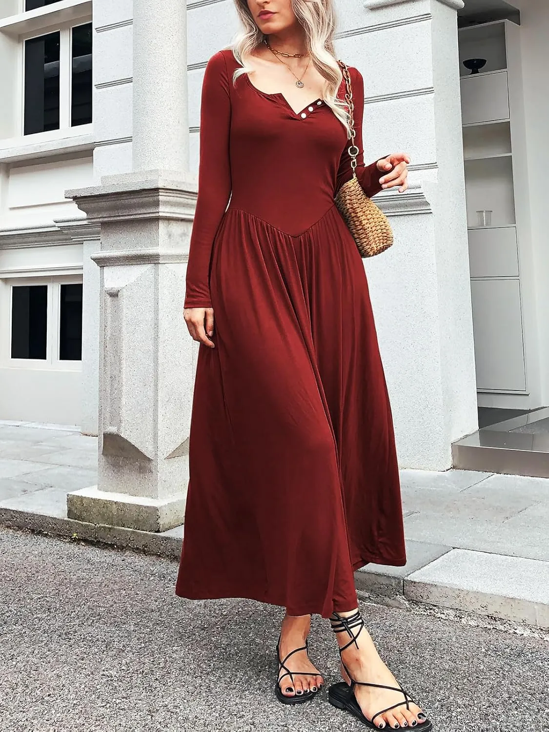 Long Sleeves Maxi Dress for Women A Line 2024 V Neck Casual Button Boho Tshirt Long Dress with Pockets