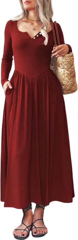 Long Sleeves Maxi Dress for Women A Line 2024 V Neck Casual Button Boho Tshirt Long Dress with Pockets