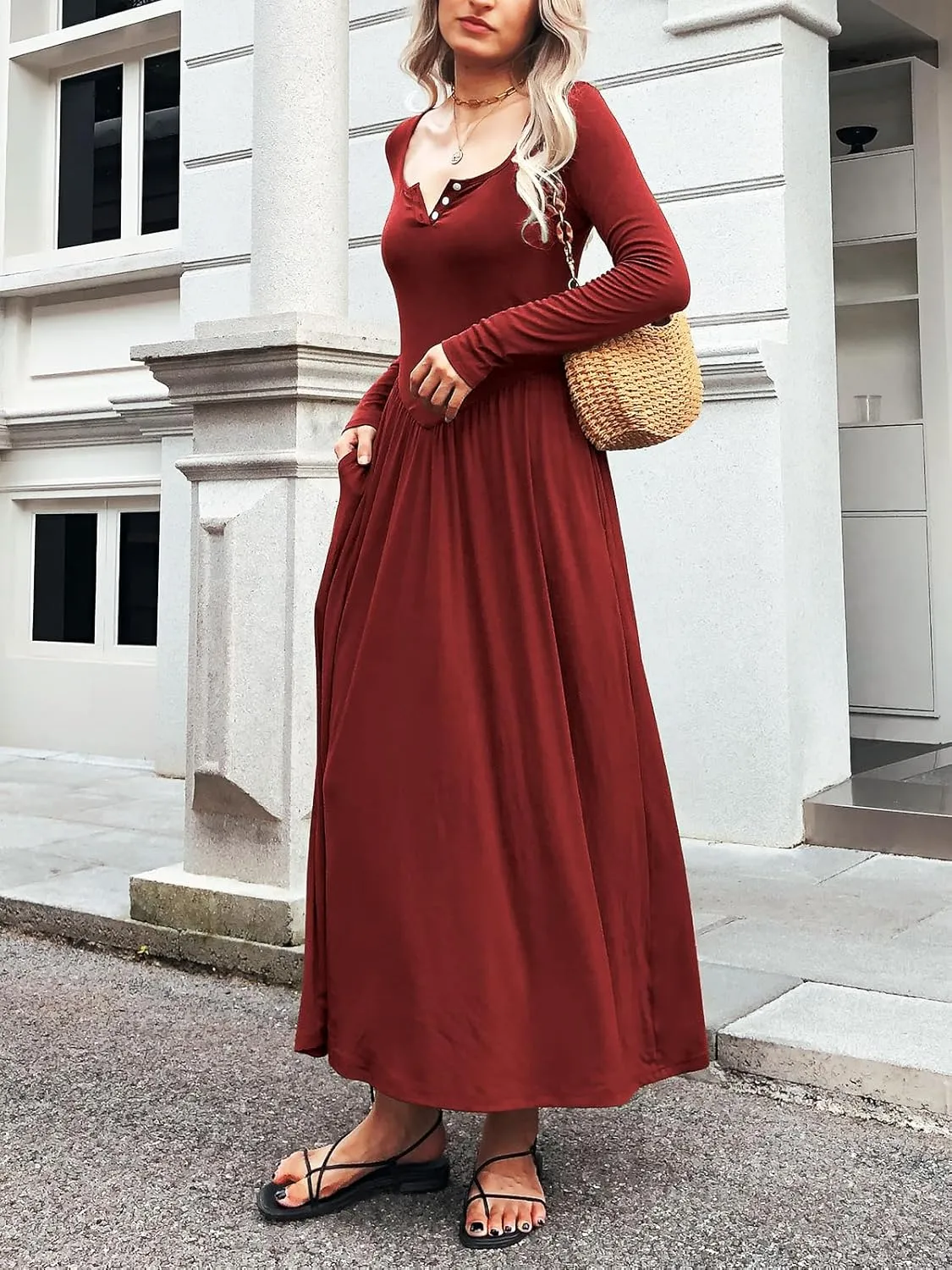 Long Sleeves Maxi Dress for Women A Line 2024 V Neck Casual Button Boho Tshirt Long Dress with Pockets