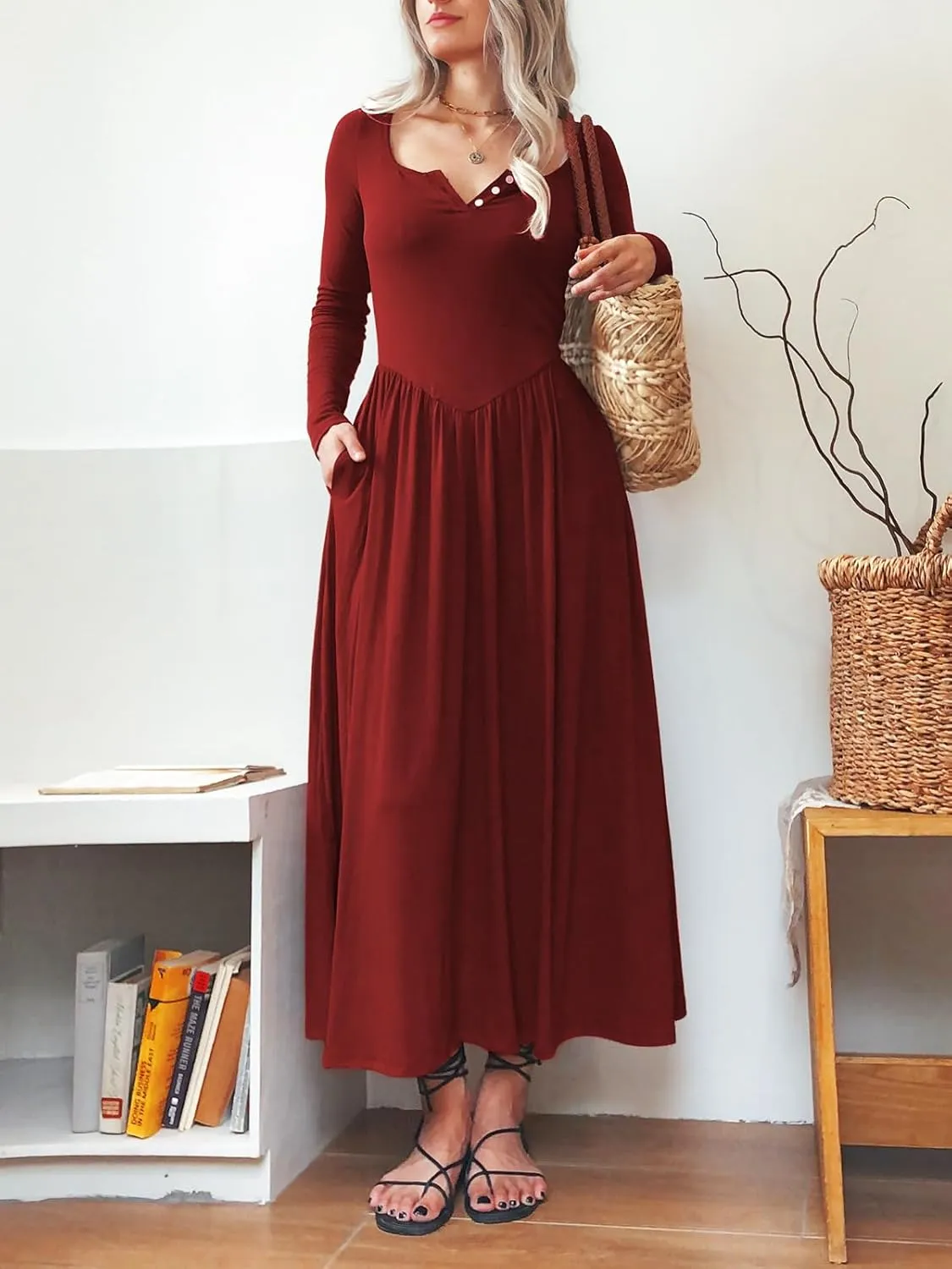 Long Sleeves Maxi Dress for Women A Line 2024 V Neck Casual Button Boho Tshirt Long Dress with Pockets
