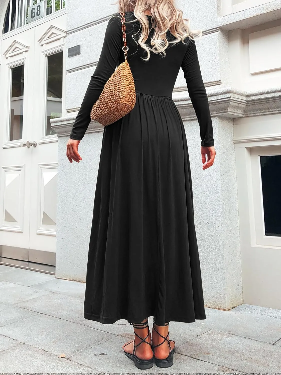 Long Sleeves Maxi Dress for Women A Line 2024 V Neck Casual Button Boho Tshirt Long Dress with Pockets