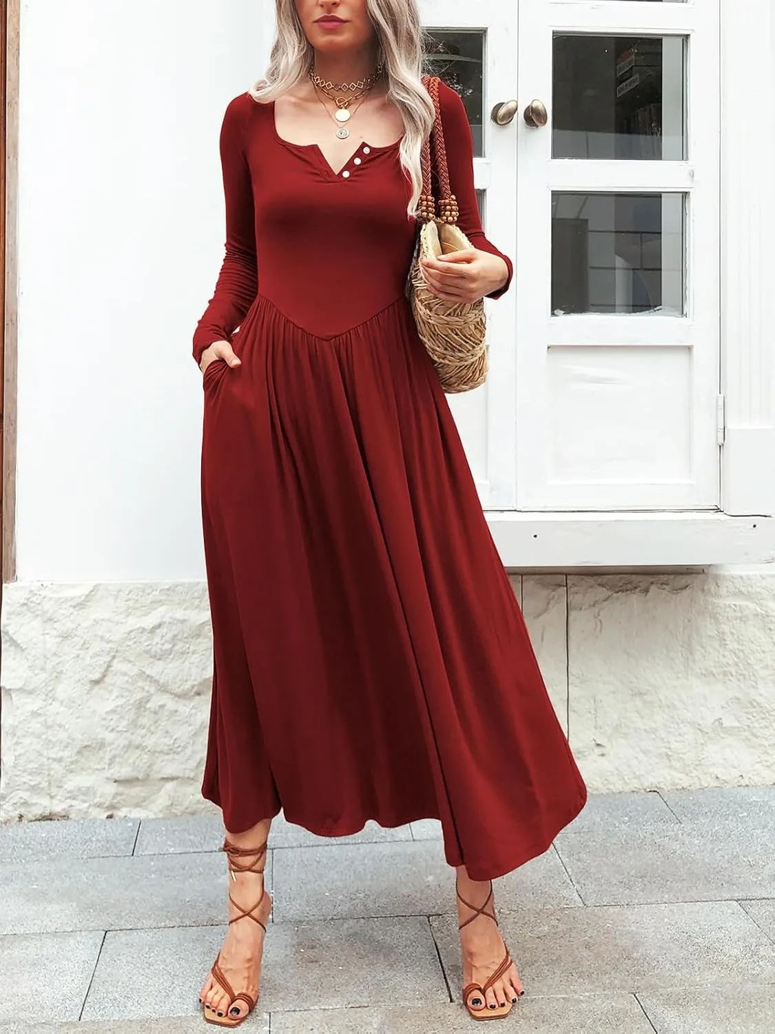 Long Sleeves Maxi Dress for Women A Line 2024 V Neck Casual Button Boho Tshirt Long Dress with Pockets