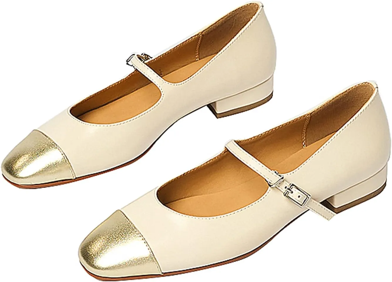 Lutalica W Women's Stylish Closed Cap Toe Matte Leather Two-Tone Instep Strap Ballet Flats Office Lady Comfort Round Toe Dress Mary Jane Flat Pumps Shoes