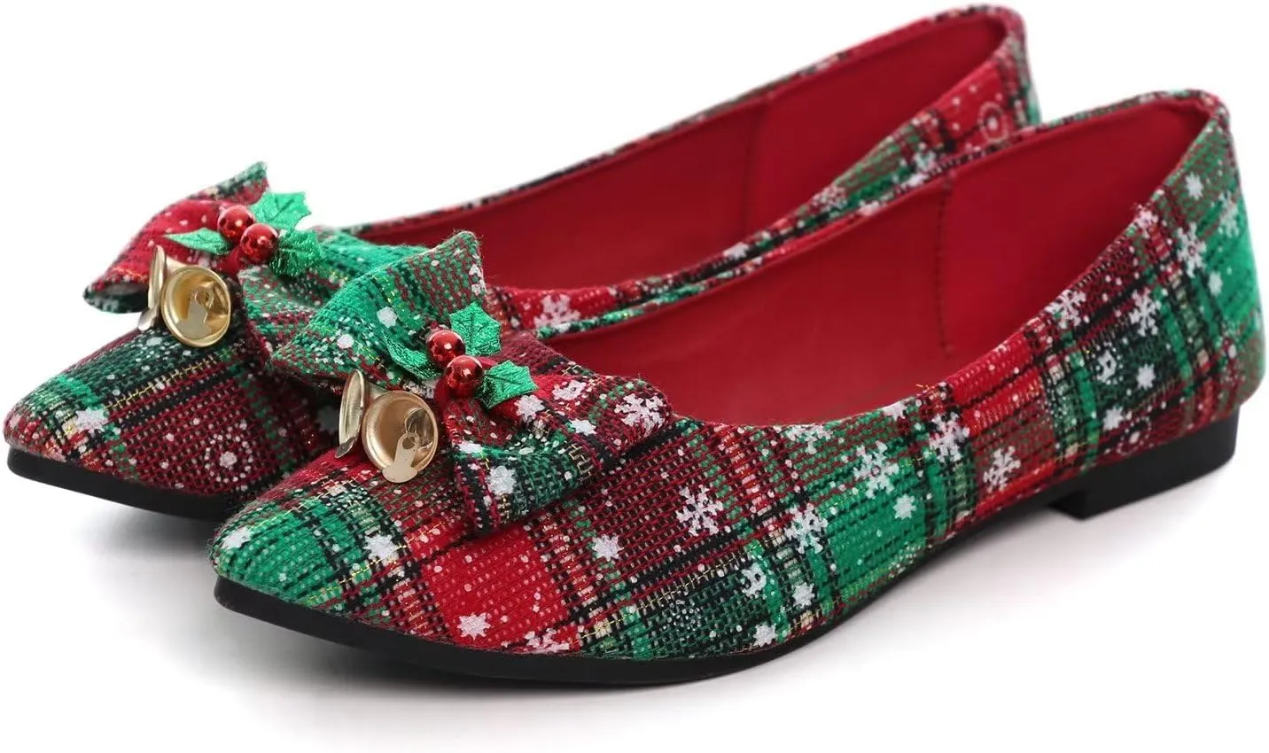 LUXINYU Christmas Shoes Plaid Snowflake Flat Shoes Women's Shallow Ballet Flats Comfortable Slip On Loafers Large Size