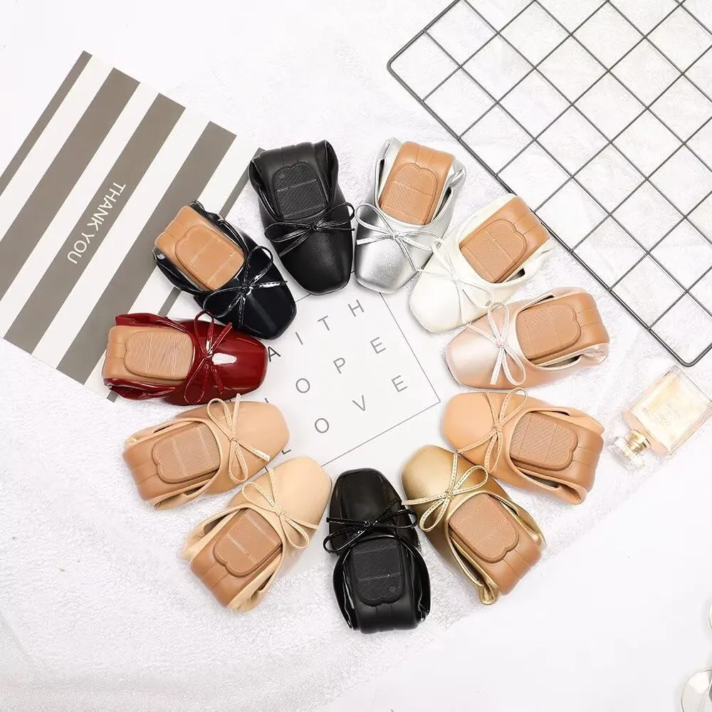 LUXINYU Women Flats Shoes Bow Square Toe Ballet Flats Slip on Matte Patent Leather Low Heel Office Work Shoes Driving Flats