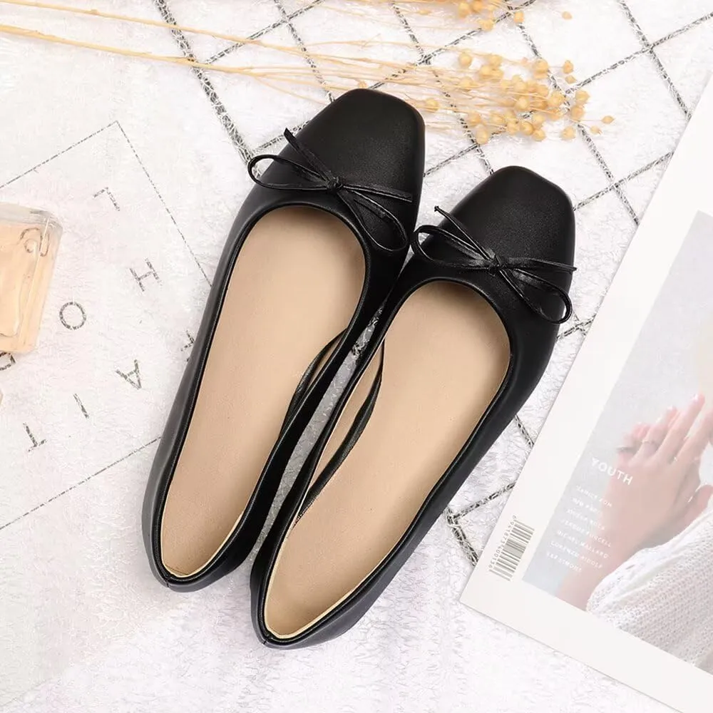 LUXINYU Women Flats Shoes Bow Square Toe Ballet Flats Slip on Matte Patent Leather Low Heel Office Work Shoes Driving Flats