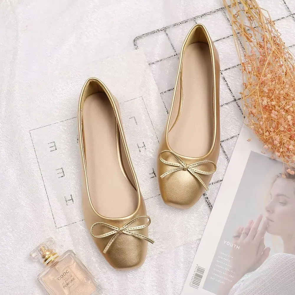 LUXINYU Women Flats Shoes Bow Square Toe Ballet Flats Slip on Matte Patent Leather Low Heel Office Work Shoes Driving Flats