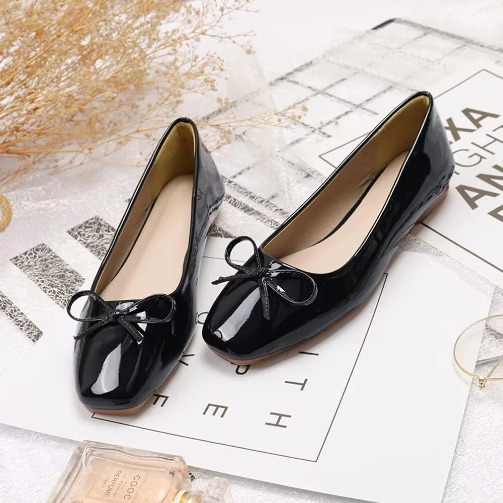 LUXINYU Women Flats Shoes Bow Square Toe Ballet Flats Slip on Matte Patent Leather Low Heel Office Work Shoes Driving Flats
