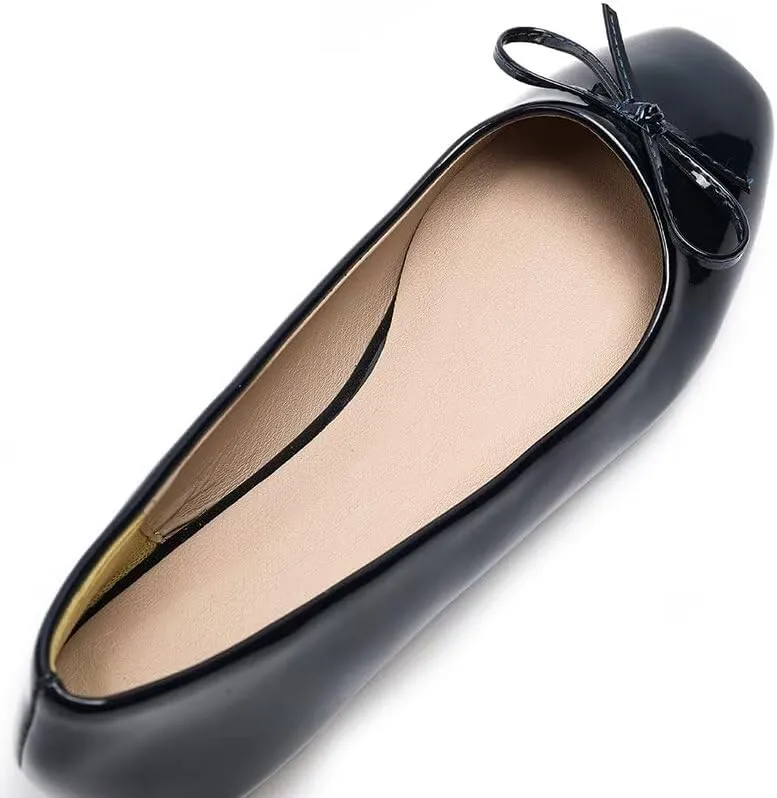 LUXINYU Women Flats Shoes Bow Square Toe Ballet Flats Slip on Matte Patent Leather Low Heel Office Work Shoes Driving Flats