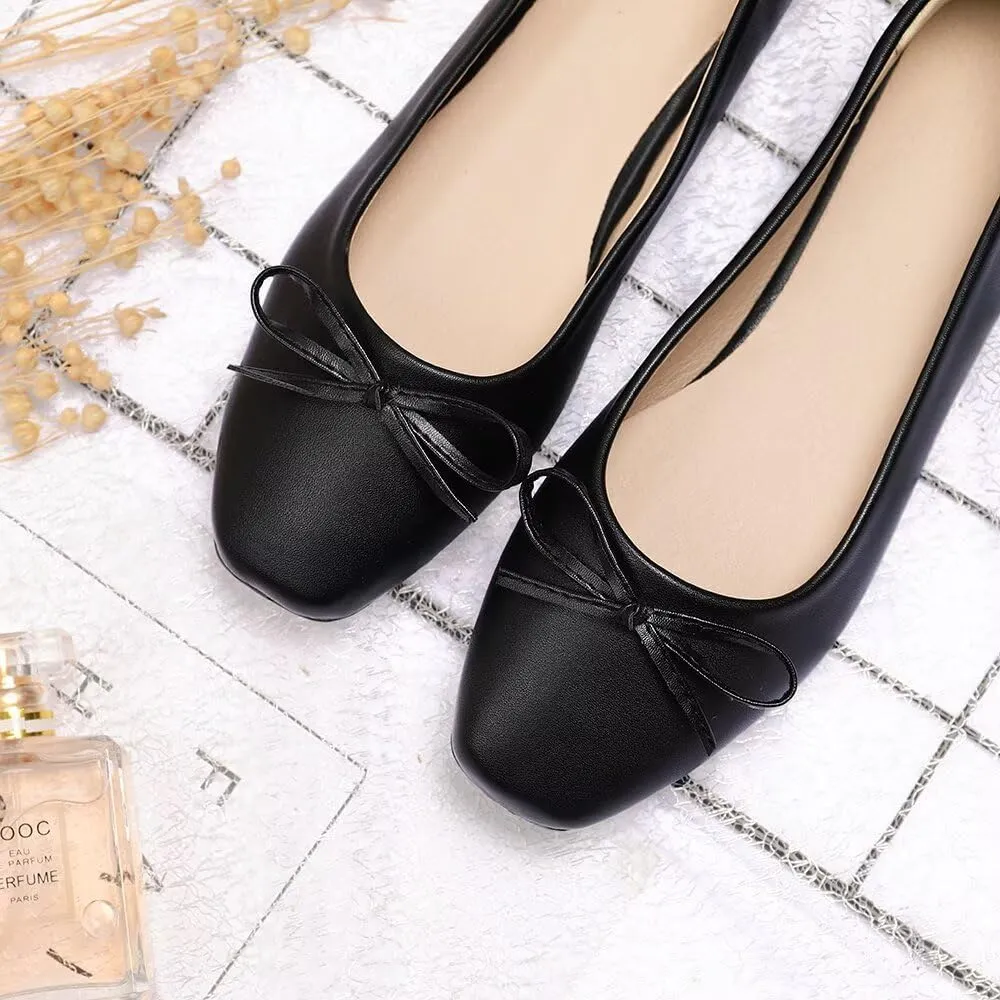LUXINYU Women Flats Shoes Bow Square Toe Ballet Flats Slip on Matte Patent Leather Low Heel Office Work Shoes Driving Flats