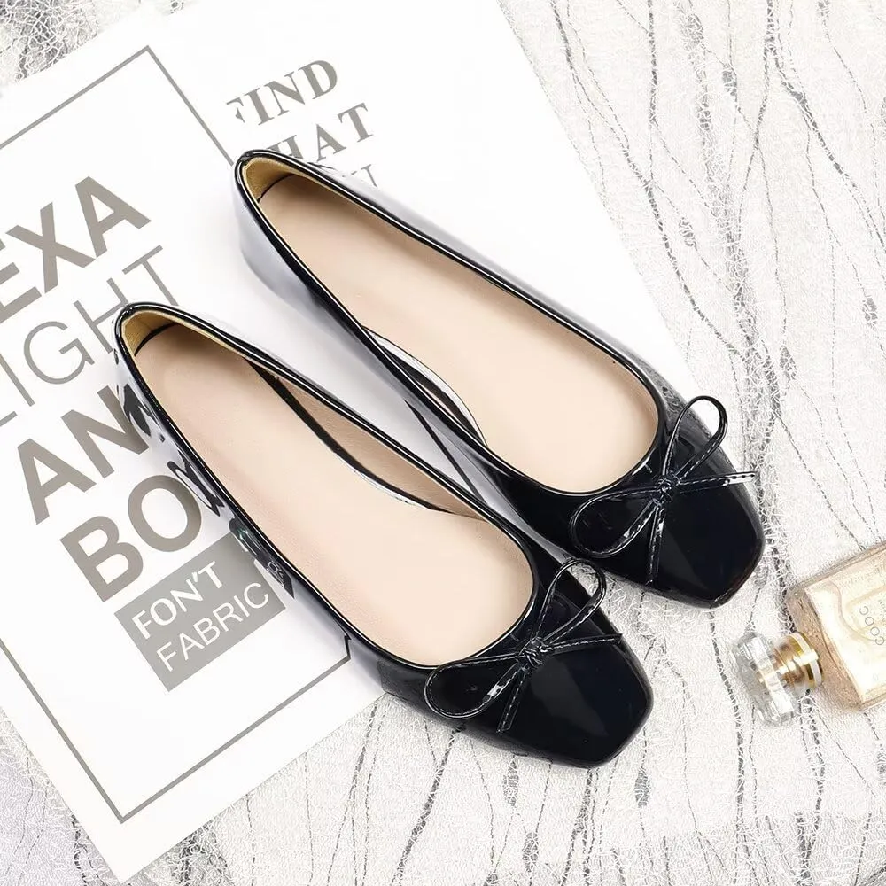 LUXINYU Women Flats Shoes Bow Square Toe Ballet Flats Slip on Matte Patent Leather Low Heel Office Work Shoes Driving Flats