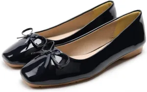 LUXINYU Women Flats Shoes Bow Square Toe Ballet Flats Slip on Matte Patent Leather Low Heel Office Work Shoes Driving Flats