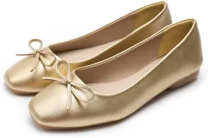 LUXINYU Women Flats Shoes Bow Square Toe Ballet Flats Slip on Matte Patent Leather Low Heel Office Work Shoes Driving Flats