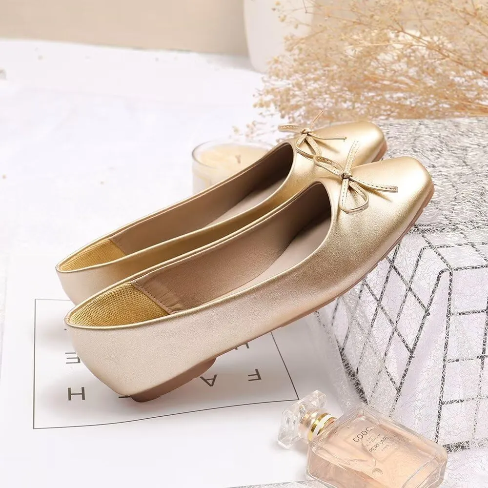 LUXINYU Women Flats Shoes Bow Square Toe Ballet Flats Slip on Matte Patent Leather Low Heel Office Work Shoes Driving Flats