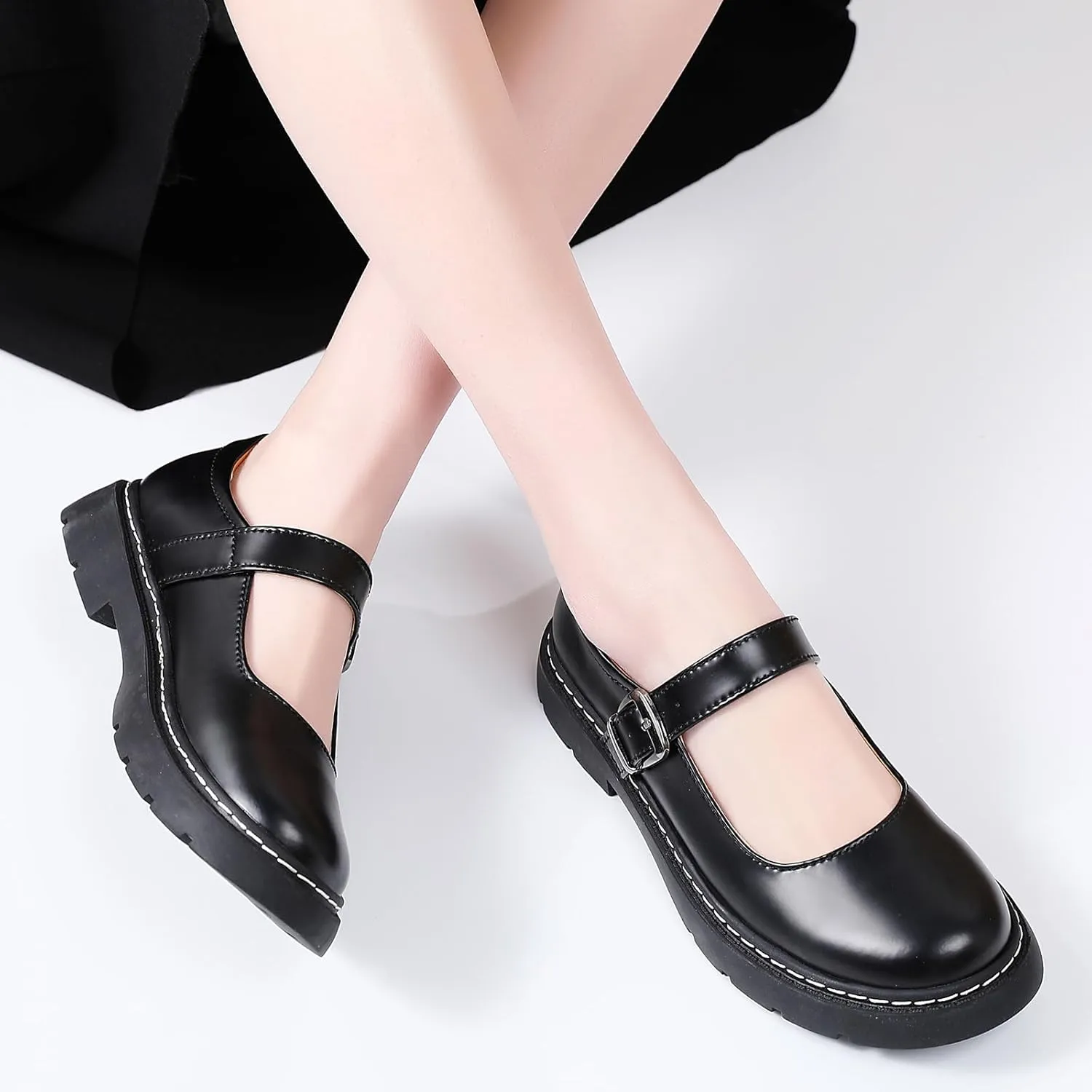 Mary Jane Shoes Women Platform Non-Slip Classics Round Toe Ankle Strap Comfort Casual Dress Work Mary Jane Flats Shoes