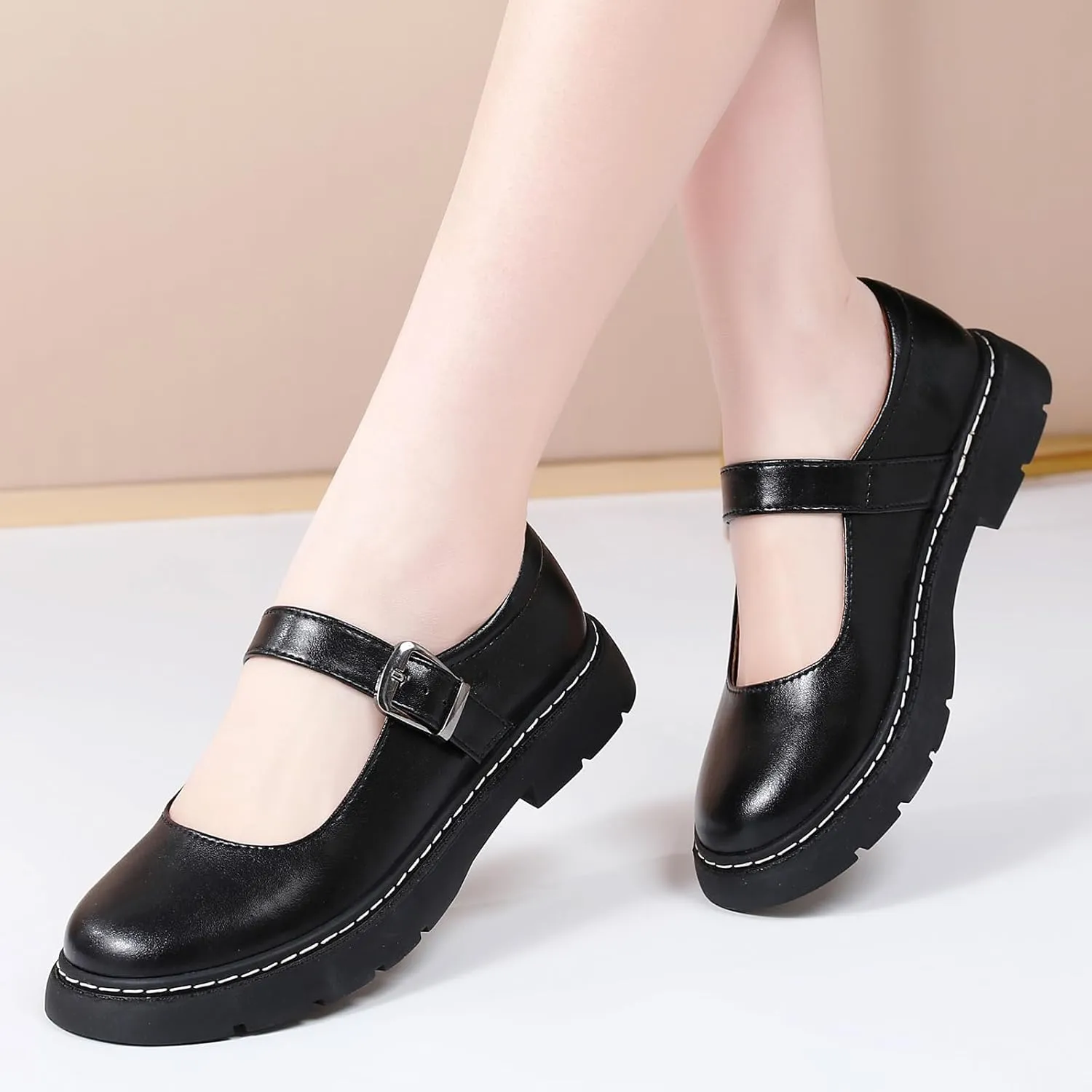 Mary Jane Shoes Women Platform Non-Slip Classics Round Toe Ankle Strap Comfort Casual Dress Work Mary Jane Flats Shoes