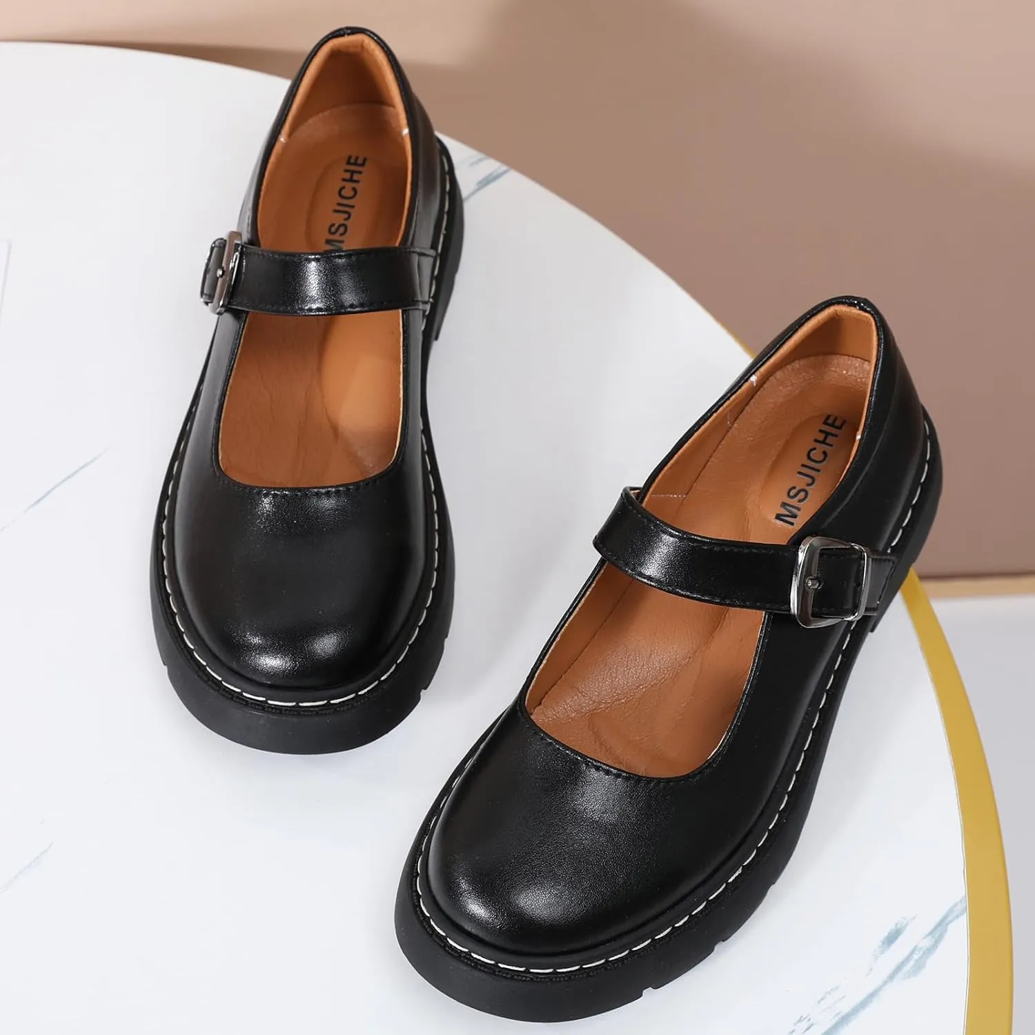 Mary Jane Shoes Women Platform Non-Slip Classics Round Toe Ankle Strap Comfort Casual Dress Work Mary Jane Flats Shoes