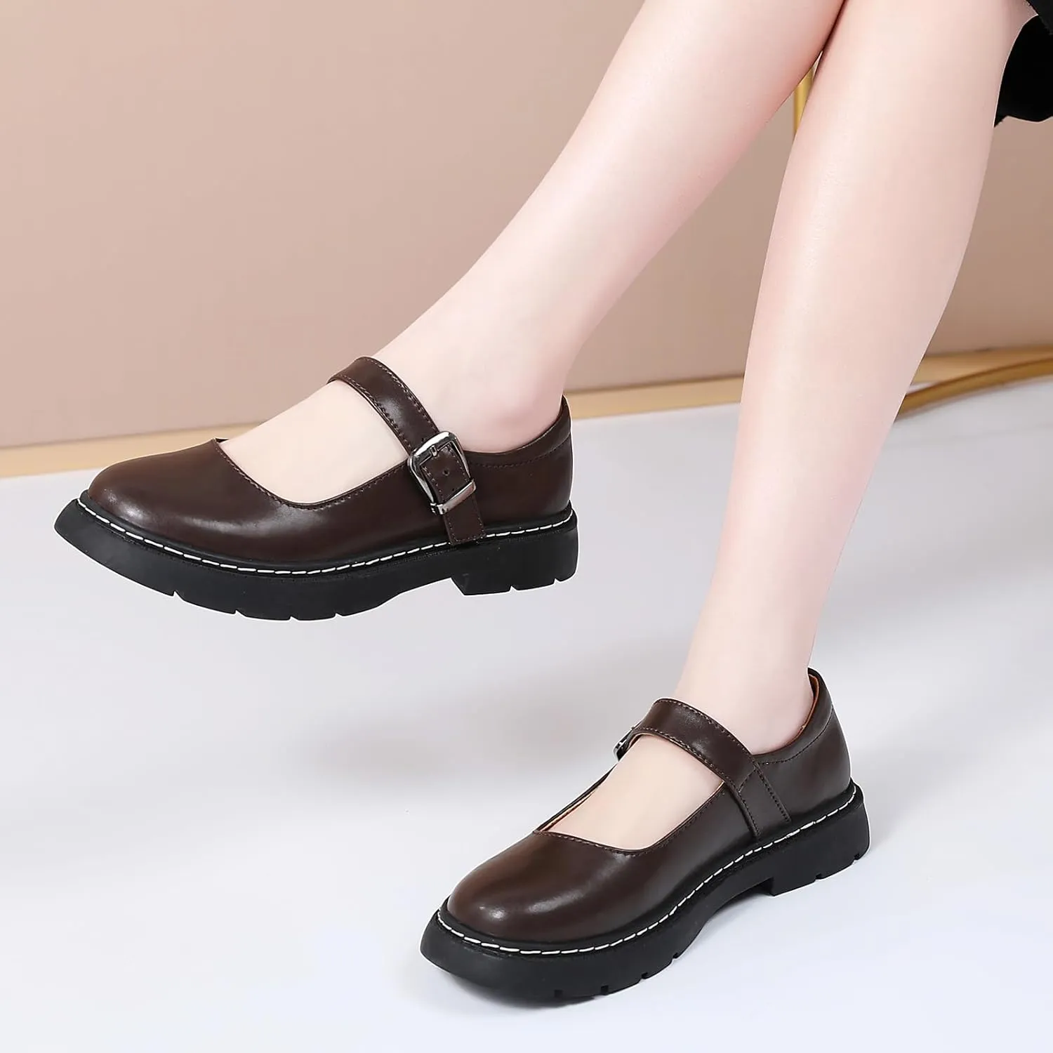 Mary Jane Shoes Women Platform Non-Slip Classics Round Toe Ankle Strap Comfort Casual Dress Work Mary Jane Flats Shoes