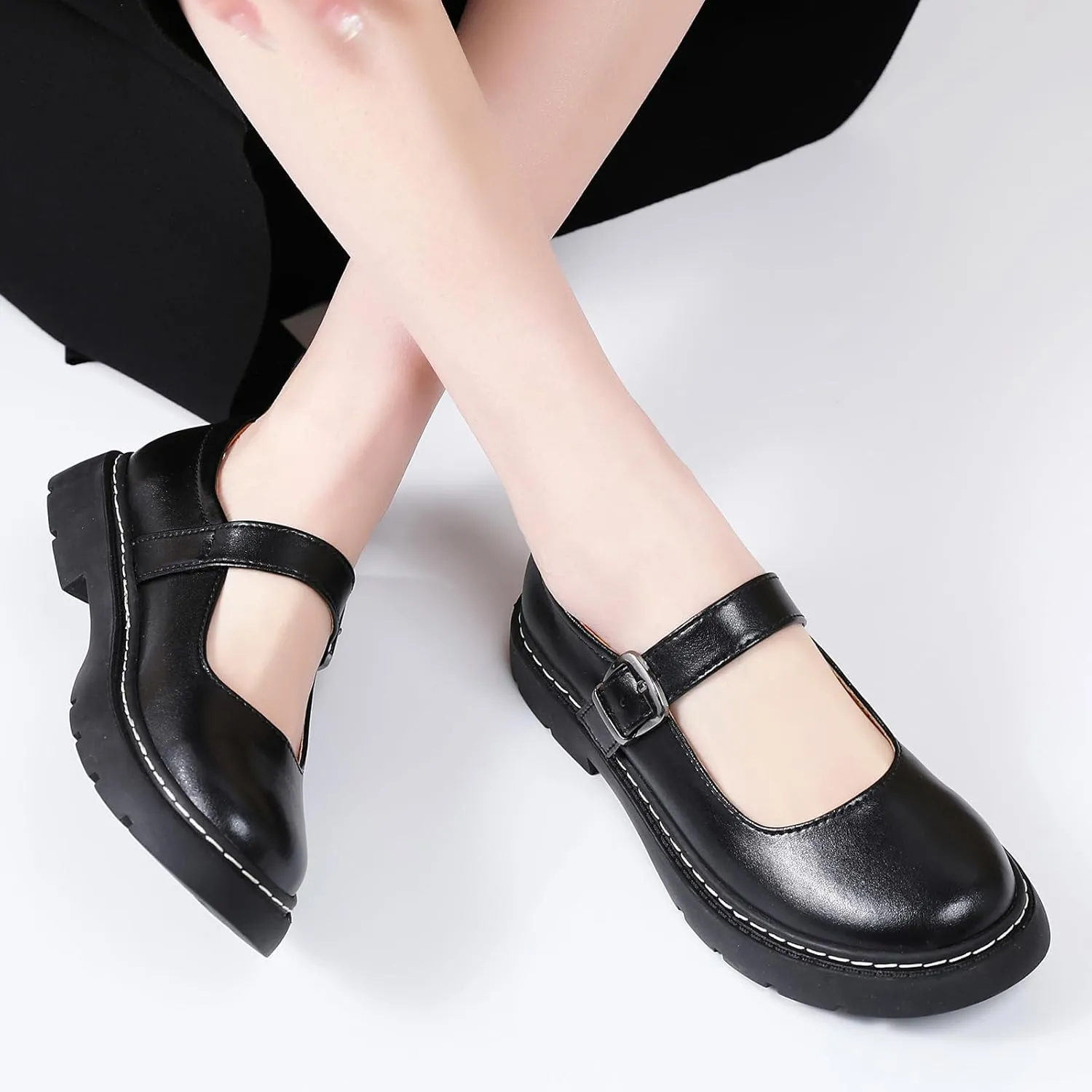 Mary Jane Shoes Women Platform Non-Slip Classics Round Toe Ankle Strap Comfort Casual Dress Work Mary Jane Flats Shoes