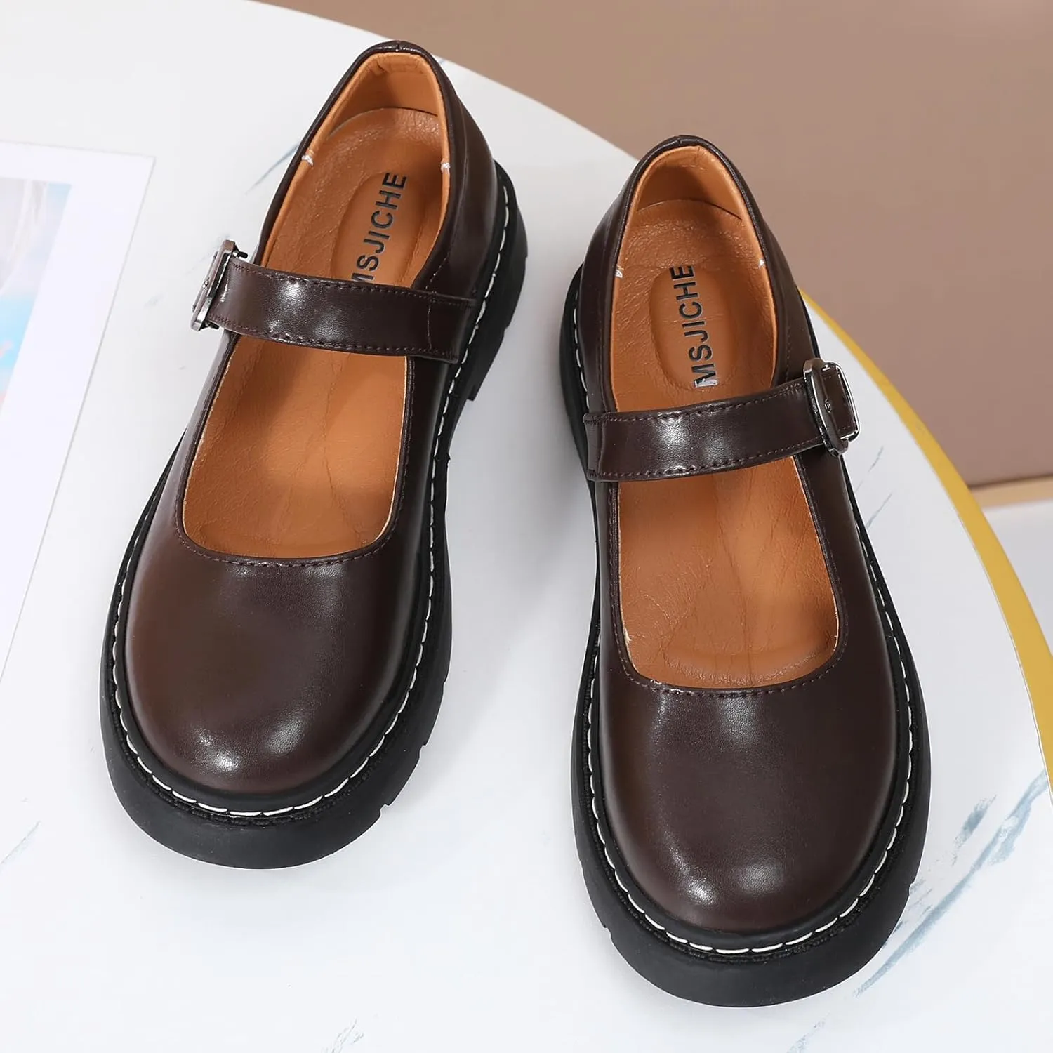Mary Jane Shoes Women Platform Non-Slip Classics Round Toe Ankle Strap Comfort Casual Dress Work Mary Jane Flats Shoes