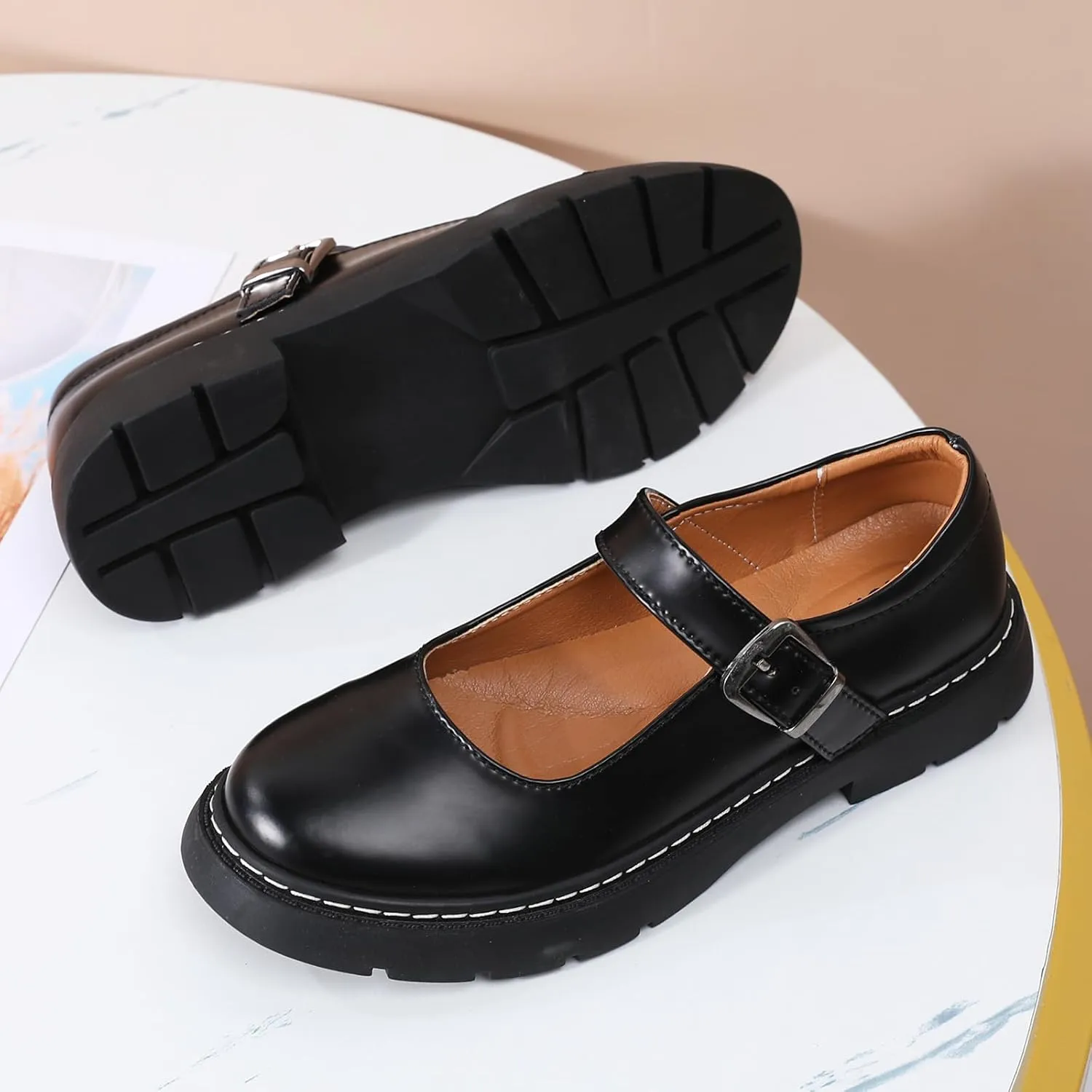 Mary Jane Shoes Women Platform Non-Slip Classics Round Toe Ankle Strap Comfort Casual Dress Work Mary Jane Flats Shoes