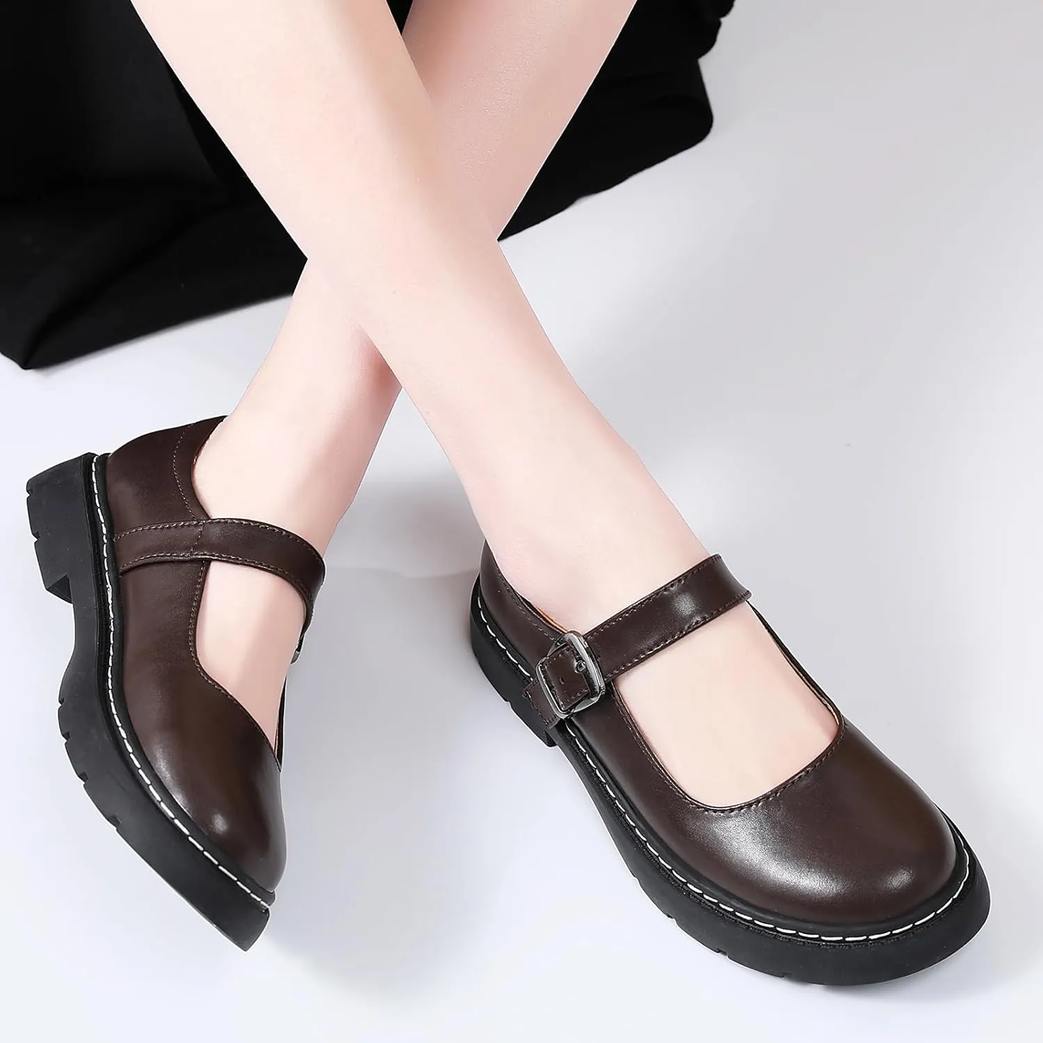 Mary Jane Shoes Women Platform Non-Slip Classics Round Toe Ankle Strap Comfort Casual Dress Work Mary Jane Flats Shoes