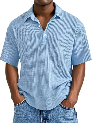 Men's Casual Polo Shirts Retro Striped Textured Knit Short Sleeve Tee Shirt Lightweight Loose Big and Tall T-Shirts
