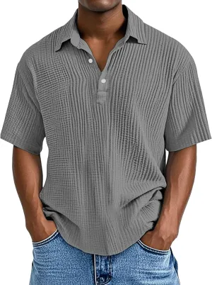 Men's Casual Polo Shirts Retro Striped Textured Knit Short Sleeve Tee Shirt Lightweight Loose Big and Tall T-Shirts