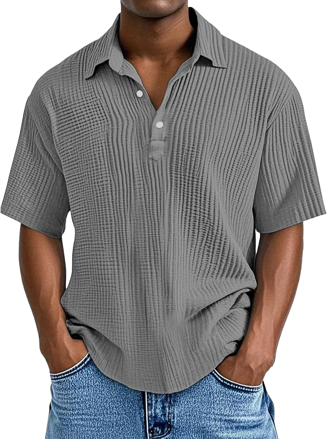Men's Casual Polo Shirts Retro Striped Textured Knit Short Sleeve Tee Shirt Lightweight Loose Big and Tall T-Shirts