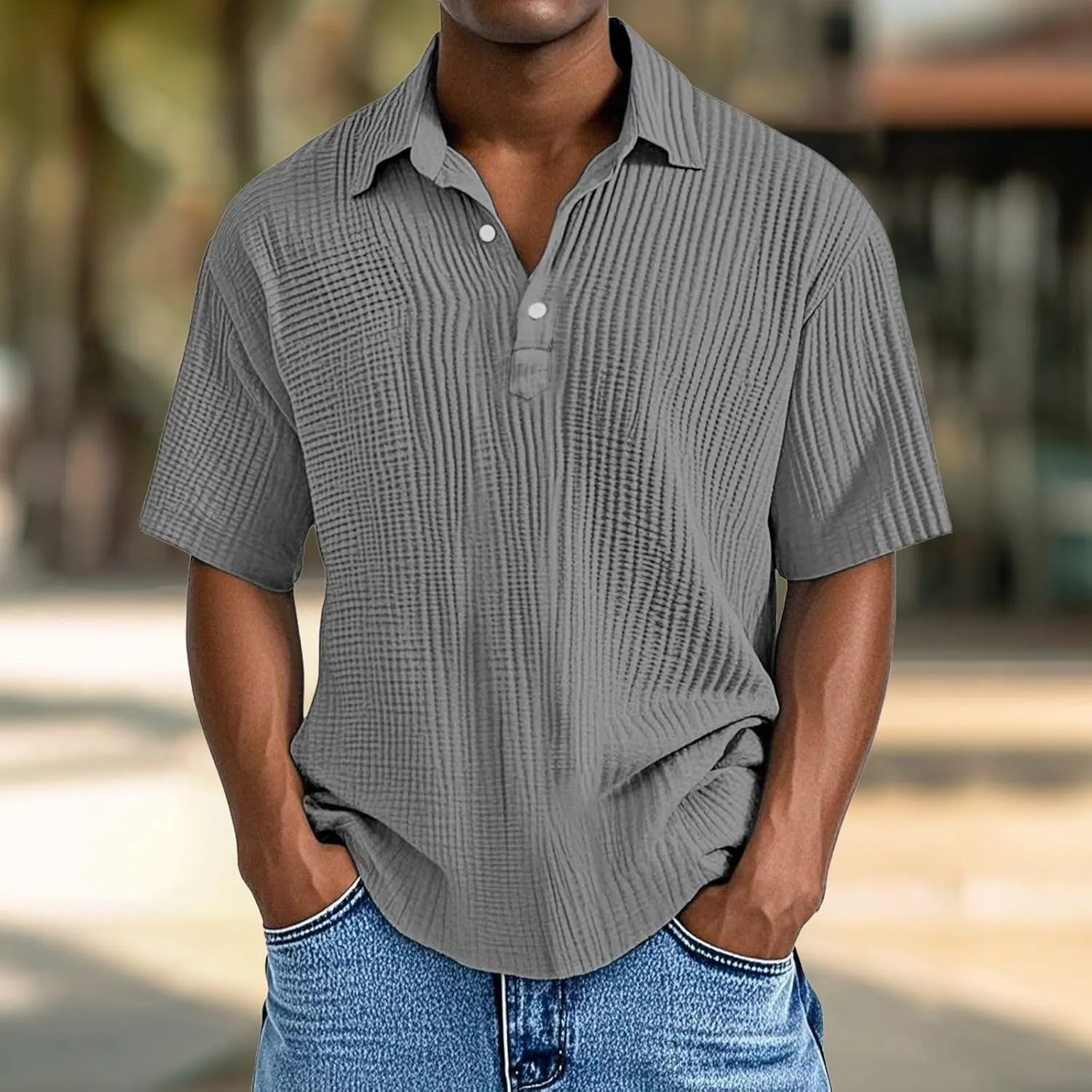 Men's Casual Polo Shirts Retro Striped Textured Knit Short Sleeve Tee Shirt Lightweight Loose Big and Tall T-Shirts