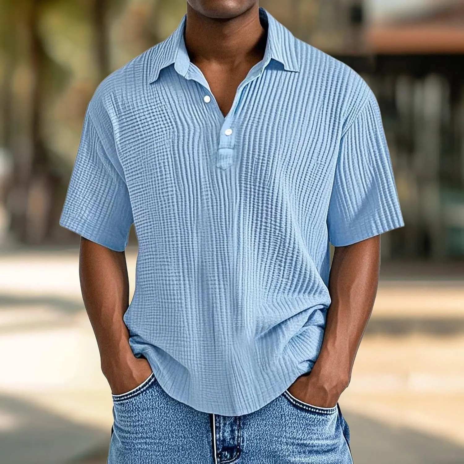 Men's Casual Polo Shirts Retro Striped Textured Knit Short Sleeve Tee Shirt Lightweight Loose Big and Tall T-Shirts