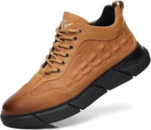 Men's Cowhide Leather Crocodile Pattern High-Top Sneakers Handmade Casual Lace-Up Non-Slip Softsole Height Lifting Comfortable Walking Shoes