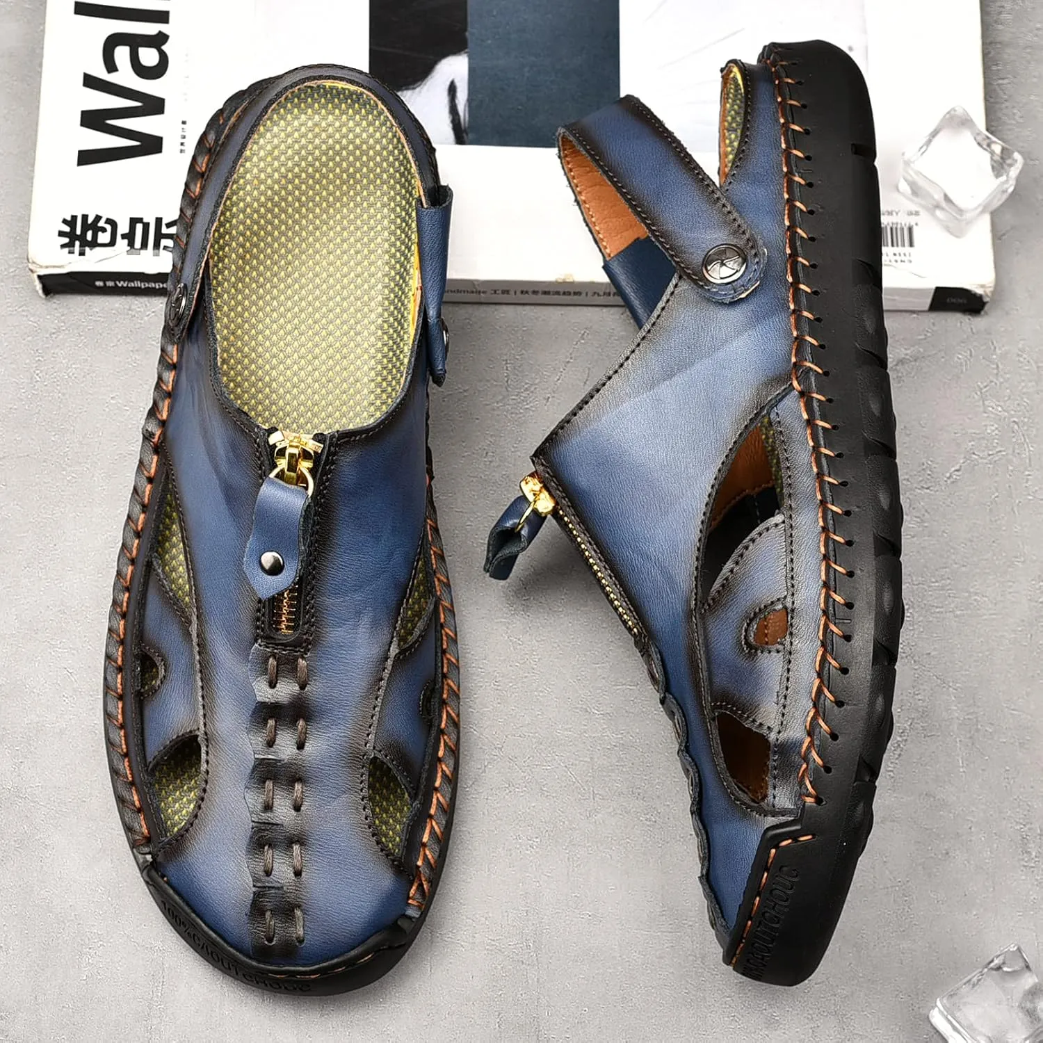 Mens Dress Leather Closed Hollowed Sandals,Mens Suede Backless Loafers,Outdoor Leather Closed Toe Beach Shoes