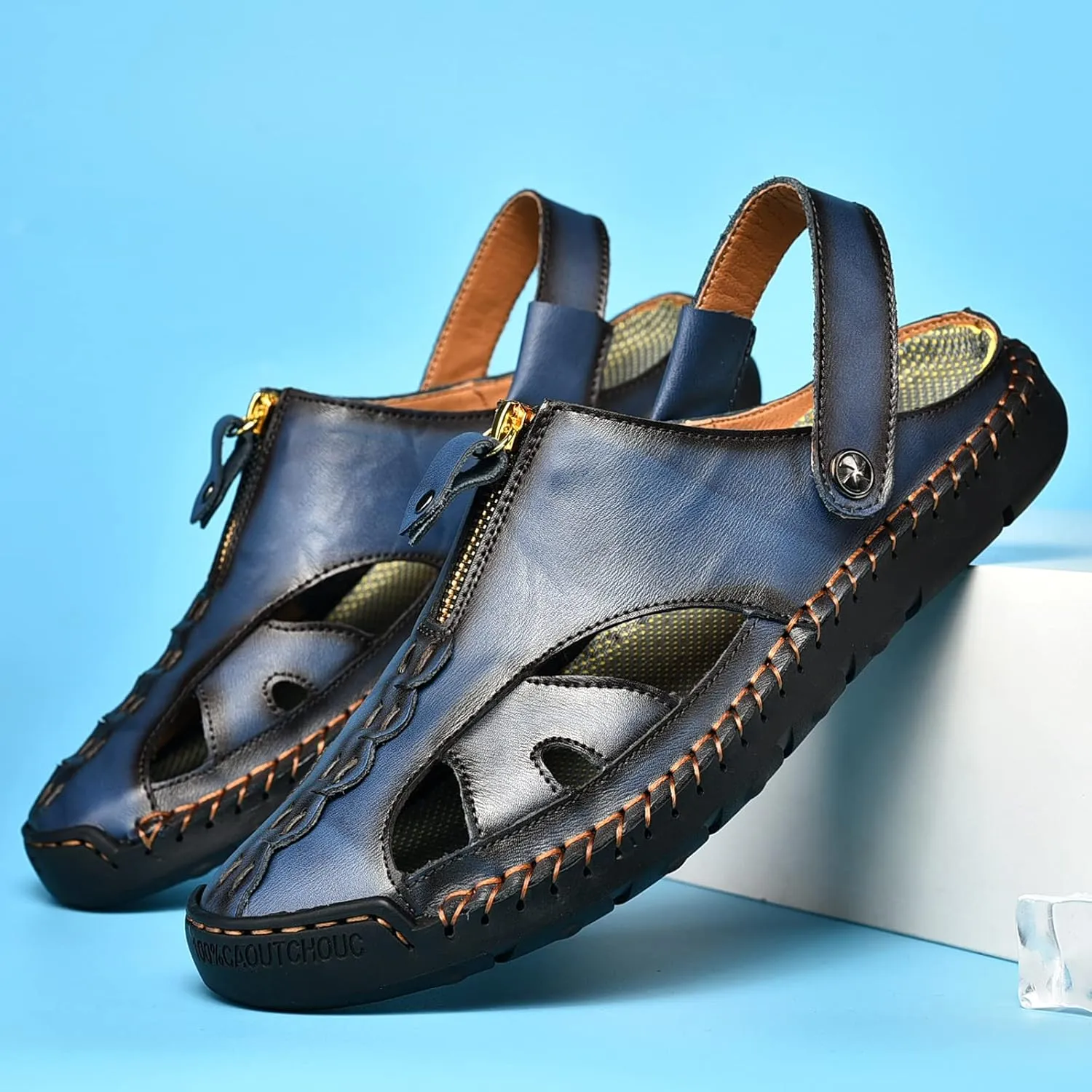 Mens Dress Leather Closed Hollowed Sandals,Mens Suede Backless Loafers,Outdoor Leather Closed Toe Beach Shoes