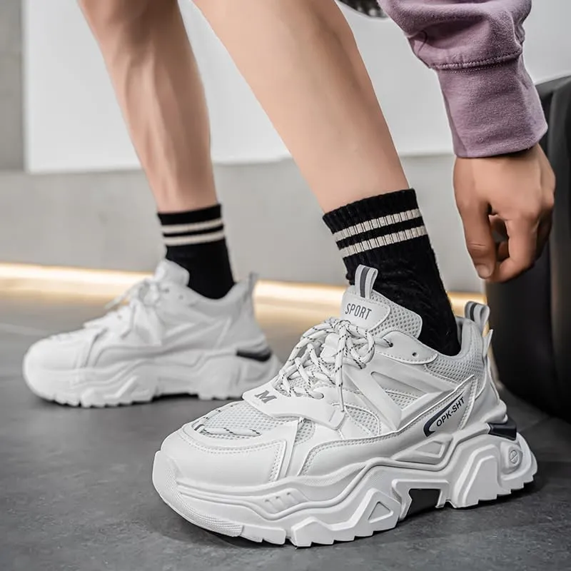Men's Fashionable Chunky Sneakers - Breathable Mesh & Leather Upper, Trendy Design for Casual Wear