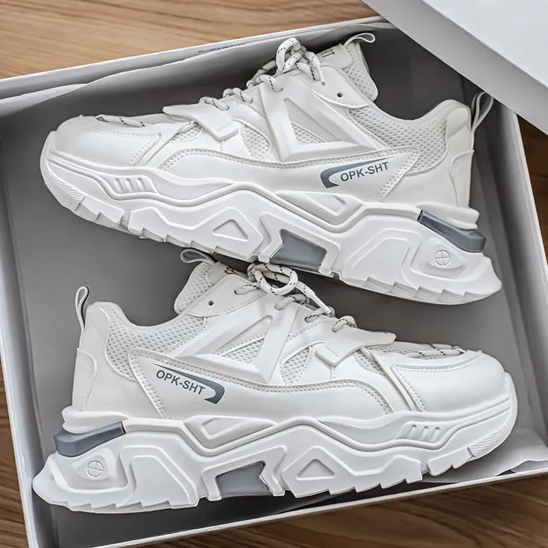 Men's Fashionable Chunky Sneakers - Breathable Mesh & Leather Upper, Trendy Design for Casual Wear