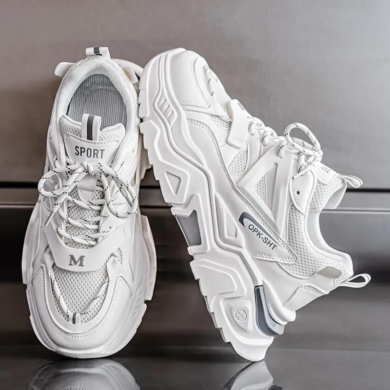 Men's Fashionable Chunky Sneakers - Breathable Mesh & Leather Upper, Trendy Design for Casual Wear
