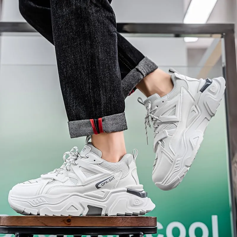 Men's Fashionable Chunky Sneakers - Breathable Mesh & Leather Upper, Trendy Design for Casual Wear