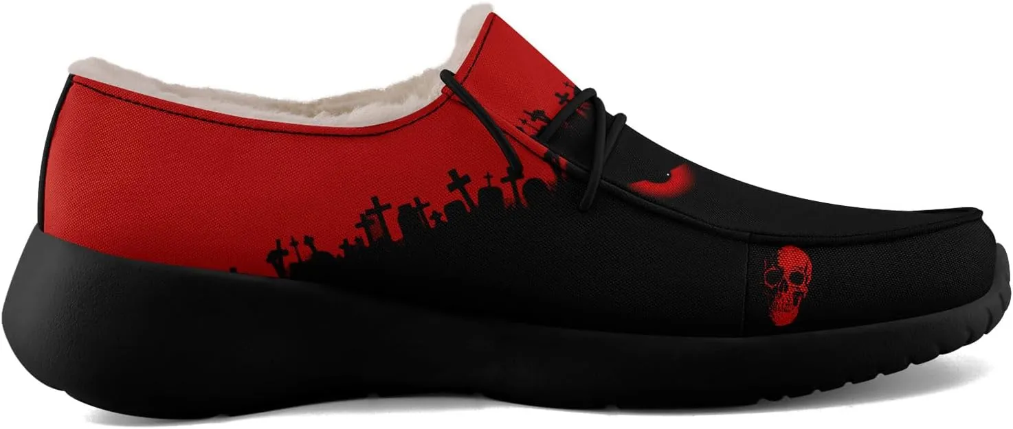 Men's Gothic Casual Loafers, Skull Canvas Fur Lined Slip On Shoes Moccasins Confortable Lace Up Warm Winter Shoes for Women