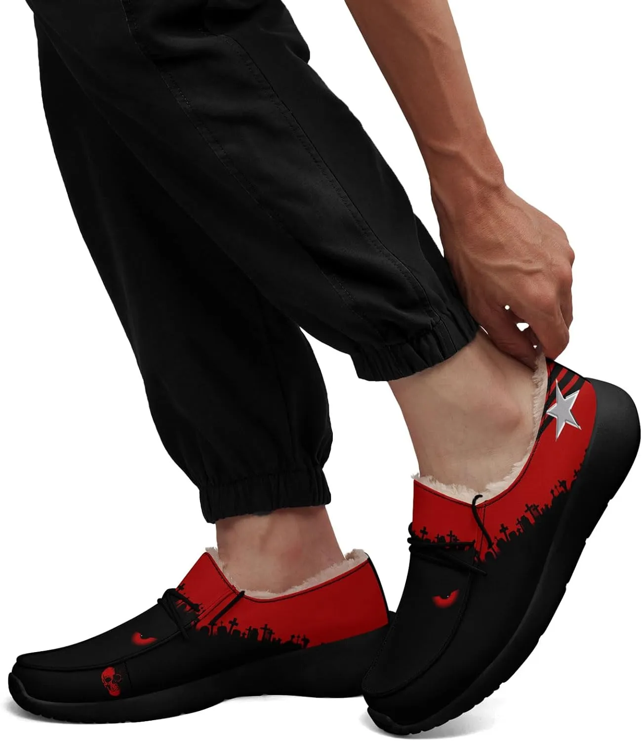 Men's Gothic Casual Loafers, Skull Canvas Fur Lined Slip On Shoes Moccasins Confortable Lace Up Warm Winter Shoes for Women