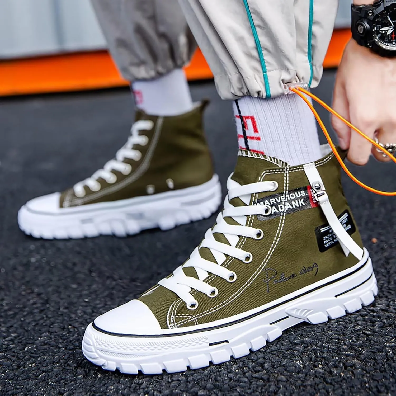 Men's High Top Canvas Shoes Casual Walking Skate Sneakers for Men Fashion Trendy Comfort Shoes with Soft Out-Sole