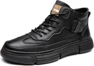 Men's Lace Up Hand Stitching High Top Hiking Boots,Fashion Buckle Outdoor Ankle Boots,Warm Thermal Comfortable Lightweight Waterproof Non-Slip Travel Walking Shoes