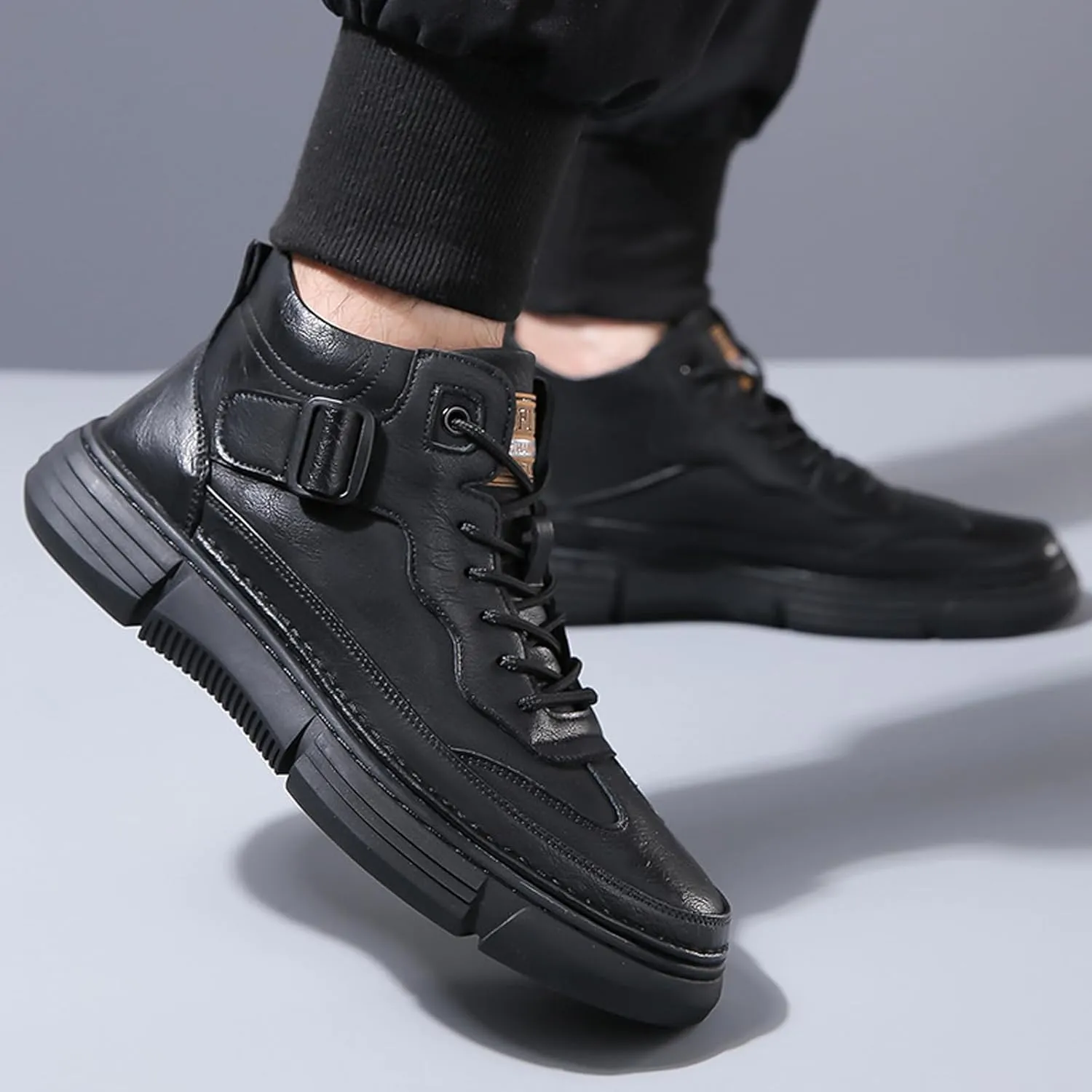 Men's Lace Up Hand Stitching High Top Hiking Boots,Fashion Buckle Outdoor Ankle Boots,Warm Thermal Comfortable Lightweight Waterproof Non-Slip Travel Walking Shoes